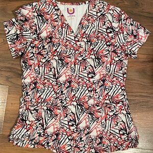 Urbane Women's V-Neck Scrub Top - Coral and Black Abstract size Small